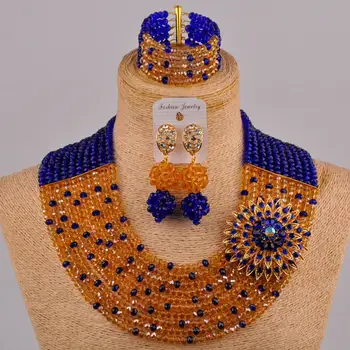 Klasikinis Nigerijos nuotaka ir bridesmaid, vestuvių papuošalai Royal blue Ir Šampanas krištolo papuošalų rinkinys MK-09