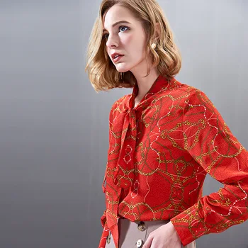 Moteriškos palaidinės ir viršūnių šilko gėlių biuro oficialų atsitiktinis marškiniai plius dydžio 2019 m. vasarą seksualus Haut femme raudonos aukso Juostele