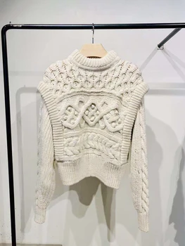 Gryna spalva moterų megzti megztinis O-kaklo pasukti austi netikrą dviejų dalių vilnos rudens ir žiemos naujas megztinis