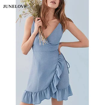 JuneLove 2019 m. vasarą moterys seksualus raukiniai spageti dirželis polka dot suknelė atsitiktinis v-kaklo linijos mini suknelė elegantiška vintage suknelė