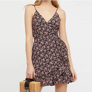 JuneLove 2019 m. vasarą moterys seksualus raukiniai spageti dirželis polka dot suknelė atsitiktinis v-kaklo linijos mini suknelė elegantiška vintage suknelė
