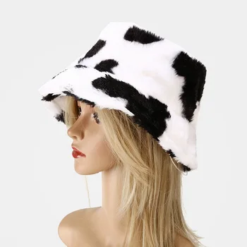 Moteris Naują Žiemos Karvė Spausdinti Pliušinis Kibirą Skrybėlės Mergina Turizmo Lauko Šiltą Kepurę Lady Mados Panama Kelti Minkštas Aksominis Žvejo Kepurė