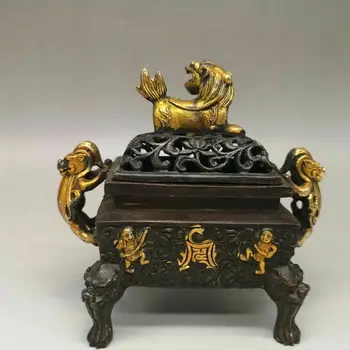 Kinijos antikvariniai Ming xuande ženklas paauksuota bronza gold lion Smilkalų Degiklis