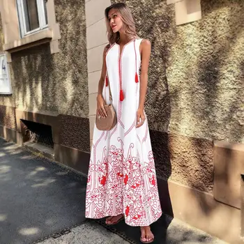 Boho chic rankovių spausdinti kutas maxi suknelė Atsitiktinis vasaros sundress sukienka Moterų sexy v kaklo paplūdimio tunika balta ilga suknelė