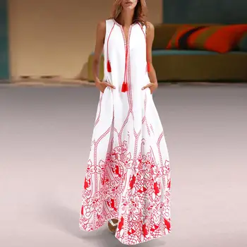 Boho chic rankovių spausdinti kutas maxi suknelė Atsitiktinis vasaros sundress sukienka Moterų sexy v kaklo paplūdimio tunika balta ilga suknelė
