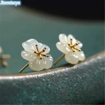 Kinų stiliaus auskarai natūralus nefritas vienas baltas slyvų žiedų, gėlių jades 925 sidabro stud auskarai moterims gėlių auskarai