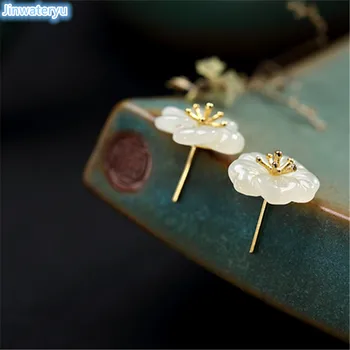 Kinų stiliaus auskarai natūralus nefritas vienas baltas slyvų žiedų, gėlių jades 925 sidabro stud auskarai moterims gėlių auskarai