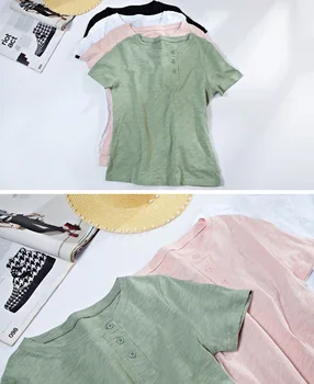 Moterų kietas medvilnės pagrindiniai mygtukai, O kaklo Moterų Medvilnės marškinėliai Logotipą foto Tekstas Atspausdintas korėjos Negabaritinių Lady tees marškinėliai