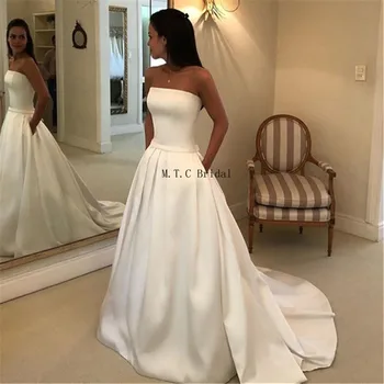 Žavinga Stebėjimo White Satin Vestuvių Suknelė Linijos, Valymo Traukinio Aukštos Kokybės Vestuvinės Suknelės 2019 Užsakymą Vestido De Casamento