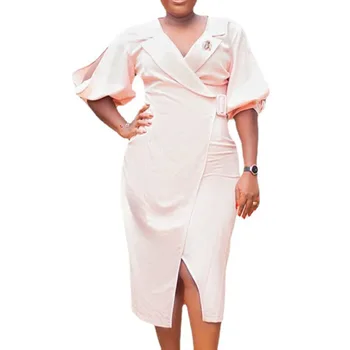 Office Lady Moterų Suknelė Pavasarį, Rudenį Naujų Mados Afrikos Negabaritinių Paprasta Padalinti Slim Sluoksniuotos Rankovėmis vientisos Spalvos V-kaklo Šalis Suknelė