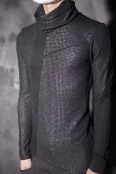 2017 Naujų vyriškų drabužių Mados Asmenybės nereguliarus ilgomis rankovėmis t-shirt slim kratinys pagrindinio Spliced marškinėliai dainininkas kostiumai