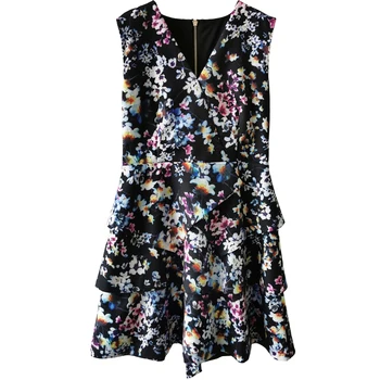 2021 Naują Pavasario V Kaklo Gėlių Spausdinti Sluoksnių Rankovėmis Mini Suknelė Dydis 0-4 UK Mados