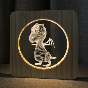 Acecorner 3D LED Dinozaurų Dramblys Lėktuvo Akrilo Medinė USB Naktį Lempos Lentelė Šviesos Drožyba Lempos Vaikų Kambario Papuošti