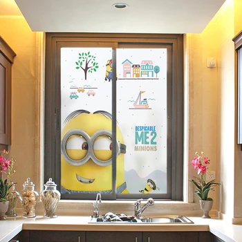 Individualų animacinių filmų mažas geltonas žmogus, stiklo plėvelė, vaikų kambarys nepermatomas vonios kambarys stumdomosios durys lango apsaugos nuo saulės