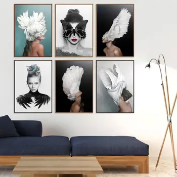 Šiaurės Modernus Gėlių, Plunksnų Moteris Abstrakčiai Mados Stiliaus Drobės Tapybos Menas Spausdinti Plakato Nuotrauką Sienos Kambarį Namuose Deco