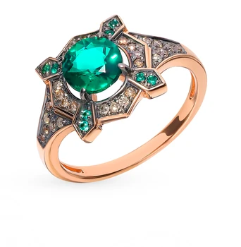 Aukso žiedas su konjaku deimantų ir smaragdų saulės mėginio 585