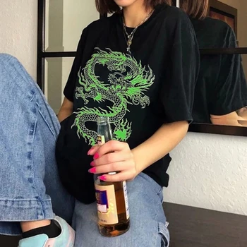 Moterų Marškinėlius dragon Hip-hop Prarasti Gotikos estetika spausdinti black harajuku atsitiktinis tees viršūnes dropshipping vintage drabužių