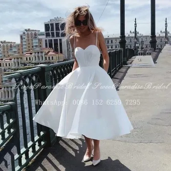 Bohemija Paplūdimio White Satin Vestuvių Suknelė 2020 Arbata Ilgis Spageti Dirželis, A-Line Vestido De Noiva Nuotakos Suknelės Suknelė