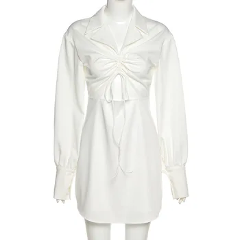 NCLAGEN Moterų Įpjovomis Tvarstis Tuščiaviduriai Iš ilgomis Rankovėmis Balta Suknelė 2020 M. Rudens Žiemos Dukart Sluoksnių Sporto Gatvės Mados Komplektus