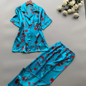 Vasaros Satino Spausdinimo Modelis Moterų Pajama Nustatyti Viskozė Sleepwear Trumpas Rankovės Ilgos Kelnės Du Popieriaus Tiktų Namų Drabužiai