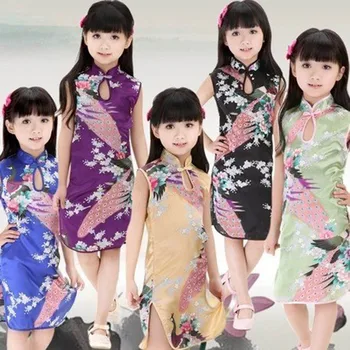 Mergina Kinijos Suknelės Cheongsam Suknelė Qipao 2-7T Drabužius, Vaikas, Vaikas, Kūdikis Povas