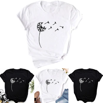 Moterų Viršūnių Trumpas Rankovės Kiaulpienių Modelis Vasaros Tees Drabužių Paprasta T-shirt O-Kaklo Atsitiktinis Viršūnes Balta Juoda Mergaičių marškinėliai Naujas