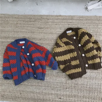 Mados Rudens-Žiemos Nauja Vaikų Megztiniai Berniukai ir Mergaitė ilgomis Rankovėmis Dryžuotas Megzti Paltai Vaikams Laisvalaikio Megztinis Kailis Outwear