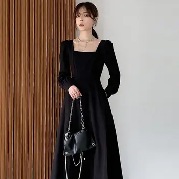Juoda suknelė moterų rudenį ir žiemą naujasis prancūzijos retro Hepburn stiliaus ilga juoda suknelė su plonu aikštėje apykaklės