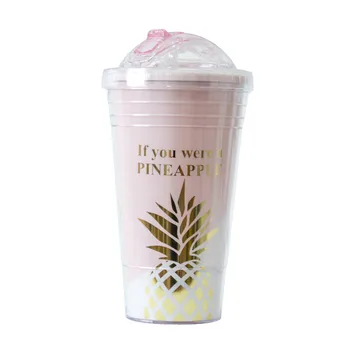Kūrybos Kavos Puodeliai, BPA Free Plastikinis Vandens Butelis Rožinė Ananasų Modelis Šiaudų Kelionės Nešiojamų Arbatos Puodelio Pieno Drinkware 420ML