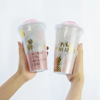 Kūrybos Kavos Puodeliai, BPA Free Plastikinis Vandens Butelis Rožinė Ananasų Modelis Šiaudų Kelionės Nešiojamų Arbatos Puodelio Pieno Drinkware 420ML