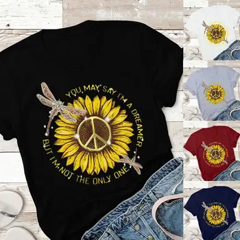Moterys Vasarą Atsitiktinis Saulėgrąžų Print T-Shirt Moterų Derliaus Trumpas Rankovės Medvilnės Marškinėliai Tees Palaidinė 2020 M.