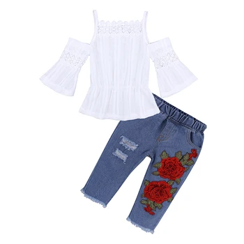 PT010 Vaikai Nustatyti drabužių mergaitės iš 2 elementų marškinėliai topai +džinsai su gėlių modelio vasaros rudens drabužių mažmeninės prekybos