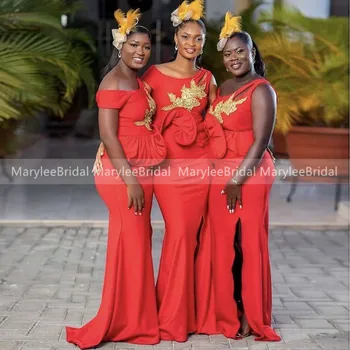 Raudona Ilgai Bridesmaid Dresses Su Aukso Appliques Priekiniai Padalinta Undinė Afrikos Moterų Vestuvės Dress Vestido De Fiesta De Boda