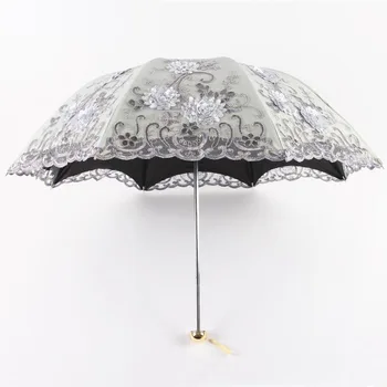 Naujas sulankstomas skėtis išsiuvinėti nėriniai dviguba juodo plastiko tri-fold skėtis anti-UV saulės skėtis