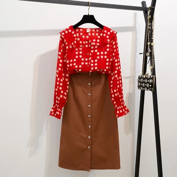 Pavasario aromatas derliaus nauja raudona šifono marškinėliai & mygtukai ilgi sijonai, joker krūtinė sijono kostiumas, dviejų dalių drabužiai nustatyti, vestidos moteris