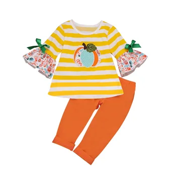 INS Rudenį Vaikų Drabužių Nustatyti Mergina Komplektus Helovinas Moliūgų T-shirt + Dryžuotos Blauzdinės Vaikams, Kombinezonas 0-5T Baby Girl Drabužius 0-5T