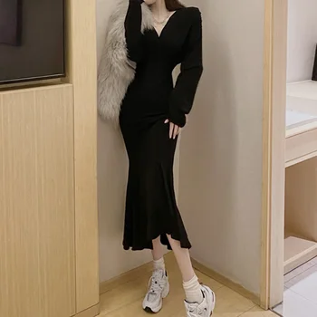 Japonija Stiliaus korėjos Mados Ponios Suknelės Dizaineris Paprastas, Elegantiškas, Aukštos Juosmens, Plonas Geriausių Pardavėjų Undinė V-kaklo, ilgomis Rankovėmis