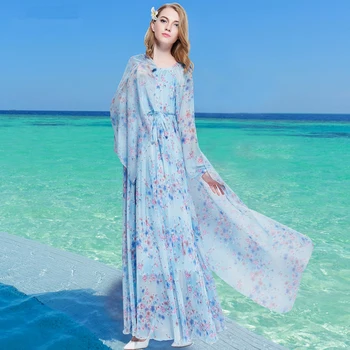 2019 Mėlyna Gėlių Ilgas Rankovėmis Boho Holiday Beach Negabaritinių Maxi Suknelė Lengvas Vestuvių Svečių Bridesmaid, Sundress