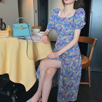 2020 metų Vasaros Suknelė Moterų Gėlių Spausdinti Trumpas Sluoksniuotos Rankovėmis Aikštėje Apykaklės Aukštos Ritininės Seksualus Maišelį Klubo Violetinė Suknelė Elegantiškas Ilgas Vestido