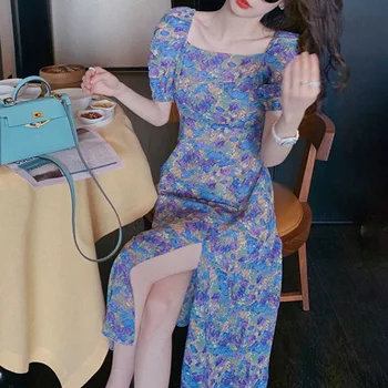 2020 metų Vasaros Suknelė Moterų Gėlių Spausdinti Trumpas Sluoksniuotos Rankovėmis Aikštėje Apykaklės Aukštos Ritininės Seksualus Maišelį Klubo Violetinė Suknelė Elegantiškas Ilgas Vestido