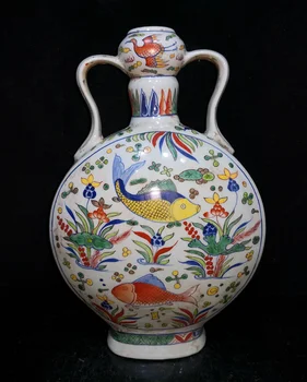 Ming Dinastija (Xuande:1399-1435）Spalvinga glazūra, Žuvis ir Žolė modelis plokščias butelis