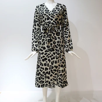 2019 Naujas Leopard Suknelė Moterims Šifono Long Beach Suknelė Prarasti ilgomis Rankovėmis Giliai V-kaklo-line Seksualus Šalis Suknelė Vestidos De Fiesta