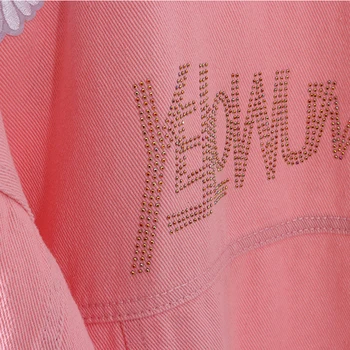 2020 m. Pavasarį, Rudenį Rožinė Moterų Prašmatnus Spausdinti Siuvinėjimas Džinsinio audinio Švarkai BF Atsitiktinis Laisvi Džinsai Kailis Moterų korėjos Kaubojus Outwear Viršūnės
