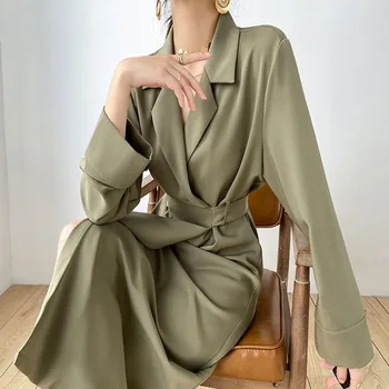 Office Lady Dizaineris Atsitiktinis korėjos Stiliaus vientisas Suknelė Moterų 2020 M. Kietas Elegantiška Suknelė Moterims Rudenį Tvarstis Midi Padalinta Suknelė