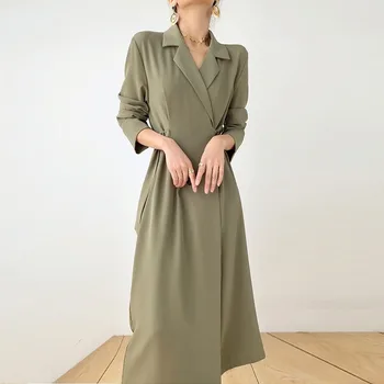 Office Lady Dizaineris Atsitiktinis korėjos Stiliaus vientisas Suknelė Moterų 2020 M. Kietas Elegantiška Suknelė Moterims Rudenį Tvarstis Midi Padalinta Suknelė