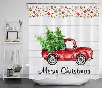 Linksmų Kalėdų Dušo Užuolaidos Vaikams Raudona Sunkvežimių Traukimo Pušys su Juokingas Kalėdų Papuošalai Kamuolius Žvaigždžių Kalėdos Vonios kambarys