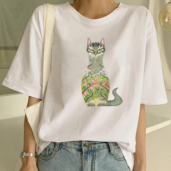 Mados Kawaii Katė Spausdinti Moterų marškinėliai Vasarą Laisvi Trumpas Rankovėmis O-kaklo Laisvalaikio Aprangą 