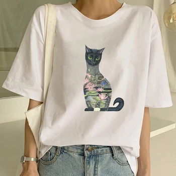 Mados Kawaii Katė Spausdinti Moterų marškinėliai Vasarą Laisvi Trumpas Rankovėmis O-kaklo Laisvalaikio Aprangą 