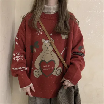 Vintage Red Kalėdų Džemperis Moterims korėjos Stiliaus Atsitiktinis Bear-spausdinta Negabaritinių Megztinis Džemperis ilgomis Rankovėmis Žiemos Drabužių 2020 m.