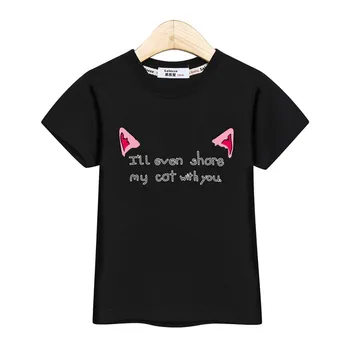 Vasarą mergina drabužius t-shirt cute kačių ausys tees kačiukas trumpomis rankovėmis viršūnes mergaitės atsitiktinis medvilnės marškinėliai vaikams, cartoon kostiumas